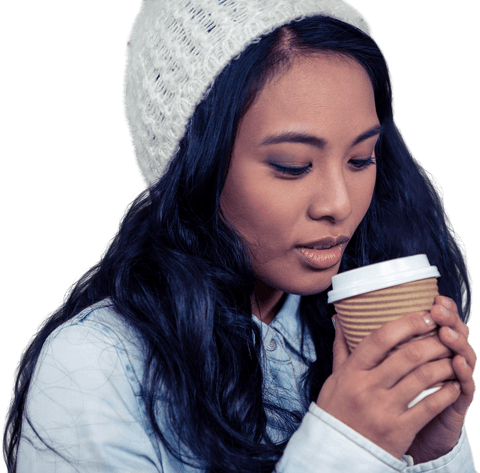 Transparent View of Woman Holding Warm Beverage in Winter Outfit