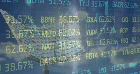 Finance metrics overlapping solar panel imagery representing eco investment