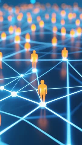 Vertical video showing glowing blue network of orange human icons connecting hubs and nodes