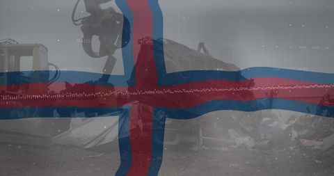 Faroe Islands Flag Overlaid on Recycling Machinery at Junkyard