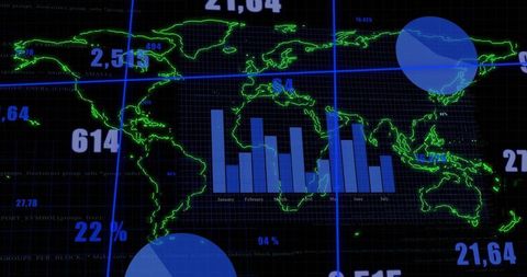 Digital Interface with World Map and Data Analytics Visualization