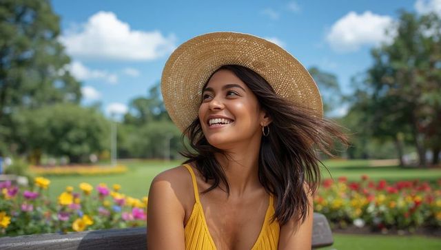 Smiling woman in straw hat enjoying sunny day in colorful garden