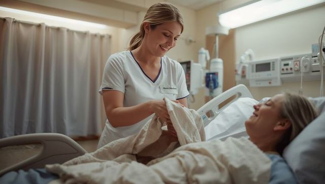 Smiling nurse assisting patient in hospital bed adjusting bedding with compassionate care