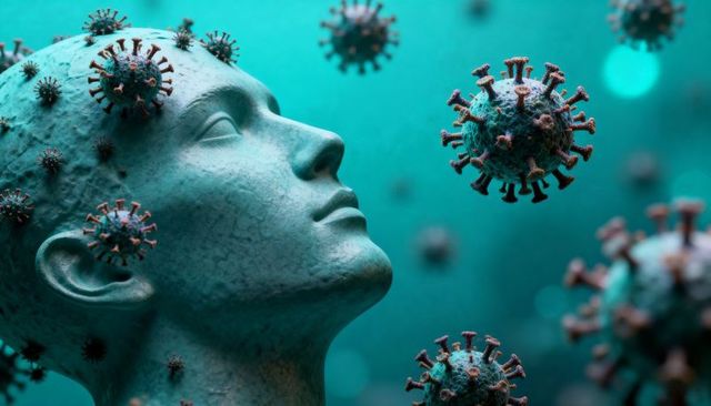 Sculpted head surrounded by viral particles representing pandemic impact on mind