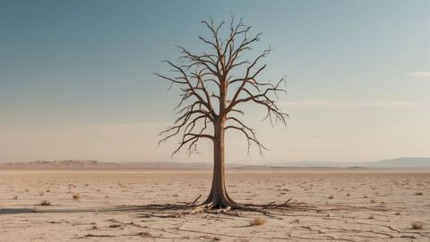 Lonely dead tree amongst desert serenity with barren, drought-affected soil