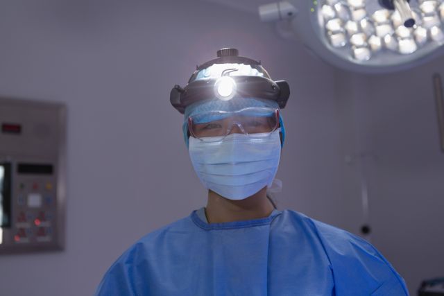Front view of female surgeon standing with surgical headlight in operation room at hospital