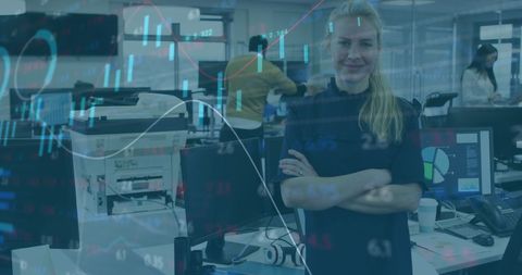 Businesswoman Standing with Arms Crossed in Modern Office Environment