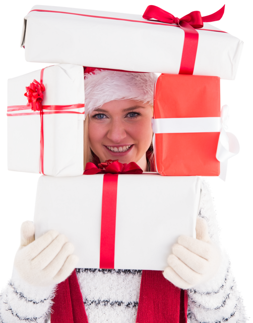 Festive Woman with Transparent Background Holding Presents Waaing Santa Hat - Download Free Stock Videos Pikwizard.com