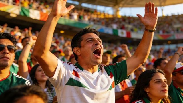 Passionate soccer fans cheering and celebrating with raised arms in sunlit stadium