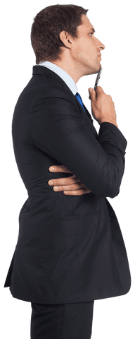Thoughtful Businessman Pondering with Pen on Transparent Background