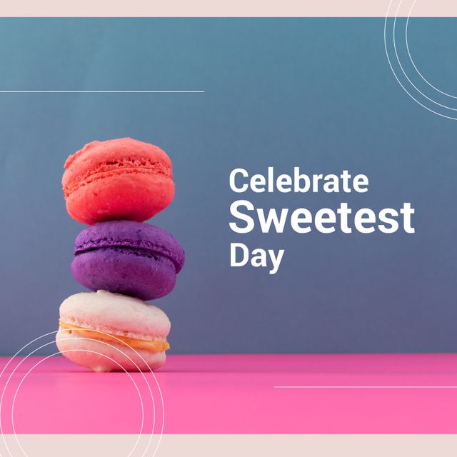 Image of celebrate sweetest day over blue and pink background with cakes. Sweets, confectionery and dessert concept.