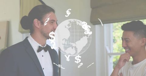 Discussing Finance: Formal Man in Tuxedo and Casual Man with Currency Globe Overlay