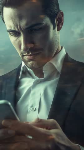 Businessman checking smartphone in moody cinematic vertical video, close-up tapping