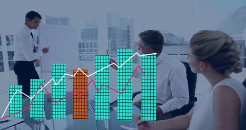 Business Colleagues Discussing Analytics with Projected Graphs