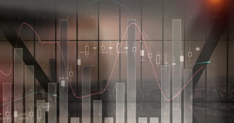 Digital Animated Financial Graphs Over Cityscape