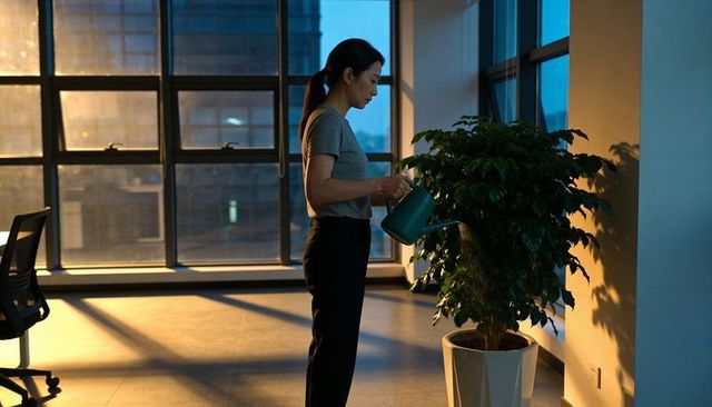 Woman watering office plant at dusk with green watering can in modern office interior