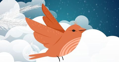 Whimsical orange bird gliding through a dreamy sky