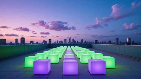 Futuristic Glowing Cubes on Urban Rooftop at Dusk