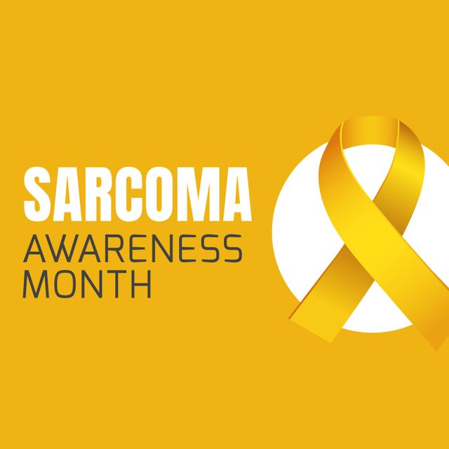 Illustrative image of sarcoma awareness month text with ribbon on yellow background, copy space. cancer, awareness, healthcare and alertness concept.