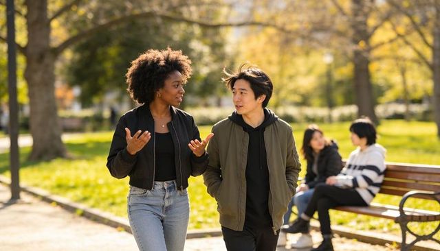 Young friends walking and chatting on sunlit autumn park path with wooden bench and fall foliage