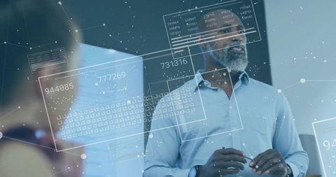 Leading executive presenting with futuristic data overlays, analytics dashboard and HUD