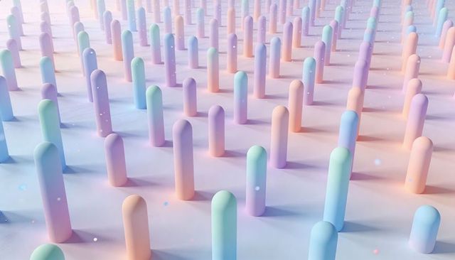 Pastel cylinder field receding to depth in geometric grid with soft light particles