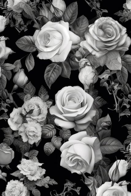Elegant black and white pattern featuring various roses and intricate floral details. Perfect for use in home decor, wallpapers, fabric designs, and greeting cards. Ideal for creating vintage or classical themes with a touch of romance and sophistication.