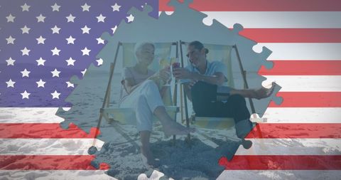 Senior Couple Enjoying Beach Vacation against USA Flag Puzzle