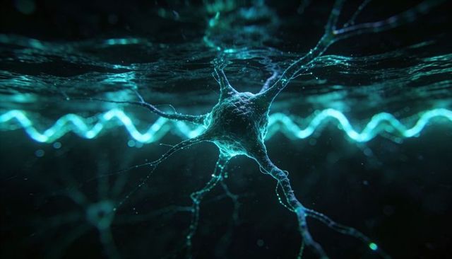 Glowing neuron radiating dendrites with teal waveform and bioluminescent particles