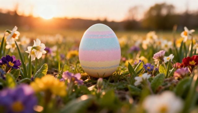 Pastel easter egg basking in golden-hour wildflower meadow, spring blossom background