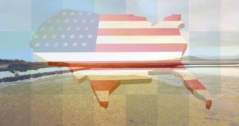 Usa map with american flag overlay on serene beach