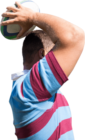 Caucasian Rugby Player Holding Ball Overhead Transparent Background