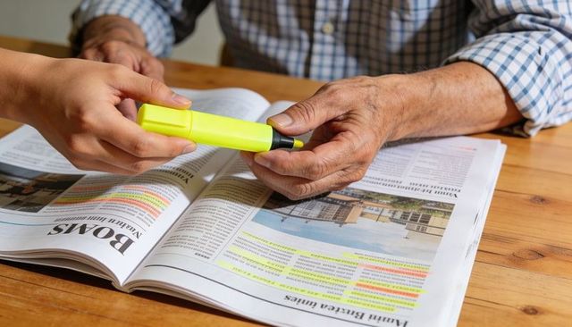 Passing yellow highlighter to elderly hand over open newspaper on wooden table