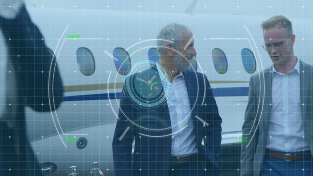 The scene shows two men standing near a private jet with animated scopes and data processing graphics overlayed. Ideal for illustrating themes related to aviation, technology integration in business, executive travel, and high-level collaboration. Useful in articles, presentations, and marketing materials highlighting business travel, technological advancements in corporate environments, and modern global business operations.