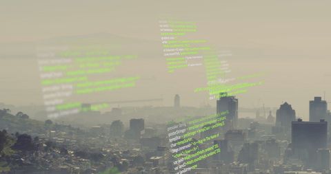 digital code overlay on urban cityscape in fog - Download Free Stock Images Pikwizard.com