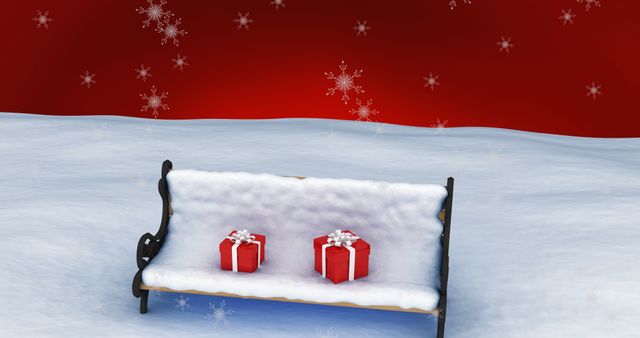 Snow Covered Bench with Red Christmas Presents and Falling Snowflakes - Download Free Stock Images Pikwizard.com