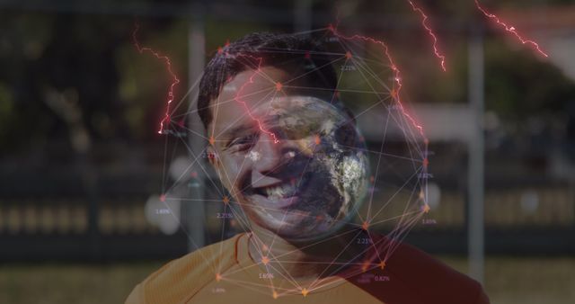 A man smiling with a high-tech digital overlay of Earth, indicating technology and scientific innovation. Suitable for use in themes involving technology, future of connectivity, or global networking concepts.