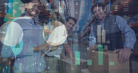 Global Warehouse Team Analyzing Shipping Data Visualization