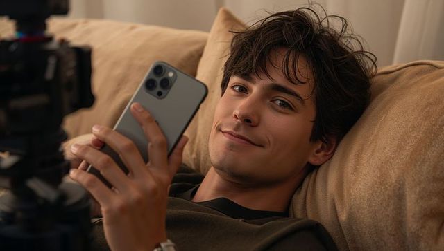 Smiling young man lounging on sofa holding smartphone while vlogging with camera
