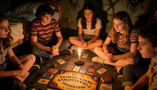Teens sitting around ouija board by candlelight in cozy bedroom seance