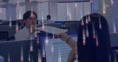 Office teamwork with binary, man taking document