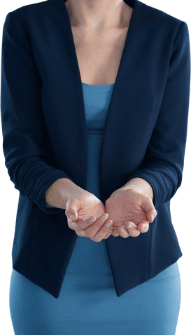 Transparent businesswoman cupped hands gesture in white setting