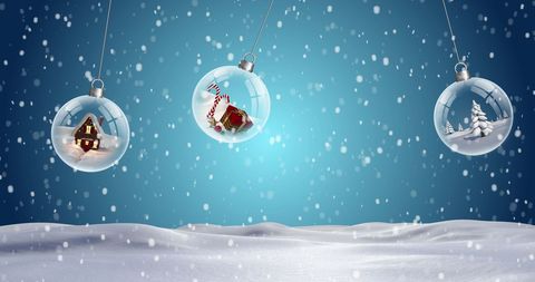 Festive Snowy Scene with Christmas Baubles and Falling Snow