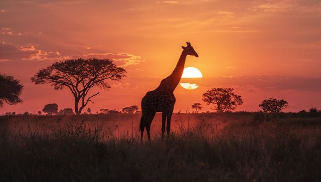 Serengeti Giraffe Silhouette at Sunset on Dusty Savannah