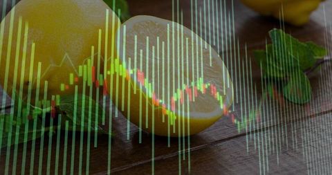 Lemon market analytics overlaying candlestick chart on fresh citrus food commodity trends