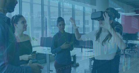 Woman Using VR Headset for Interactive Business Presentation