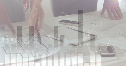 Architects Analyzing Building Plans with Financial Data Overlay