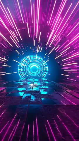 Neon portal pulsing in futuristic tunnel with rotating cyan core and magenta light beams