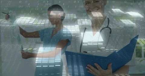 Healthcare team collaborating with digital data overlay, doctor holding blue folder