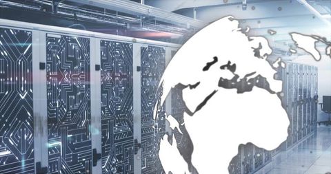 Global dataflow overlaying high-tech server rack array in futuristic datacenter